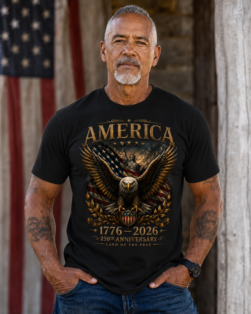 Man wearing a black t-shirt with an eagle and American flag design, standing in front of an American flag.